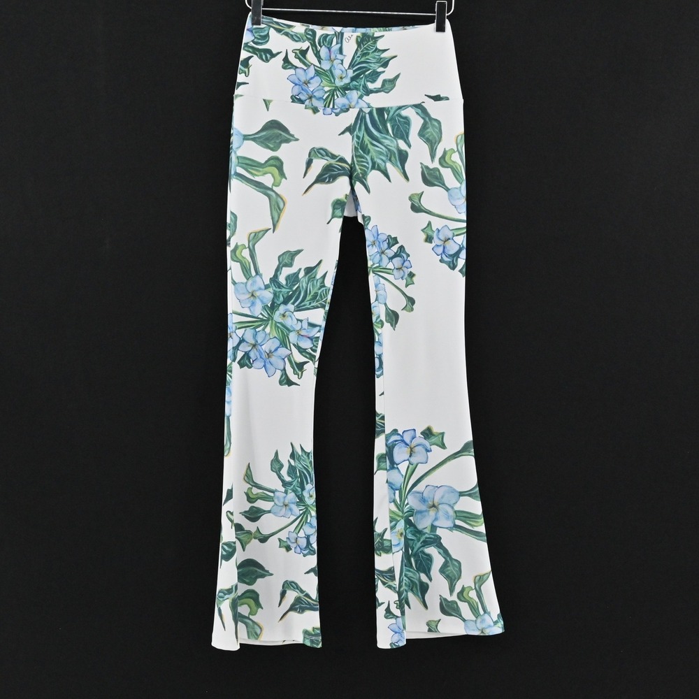 Ala Von Auersperg Floral Flare‎ Pants Womens Size XS White Blue Knit Resort Yoga